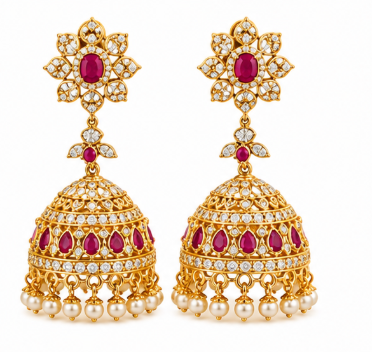 Ruby & CZ Jhumka Earrings with Pearl Fringe