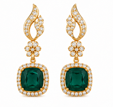 Emerald Cushion Drop Earrings with Diamond Halo