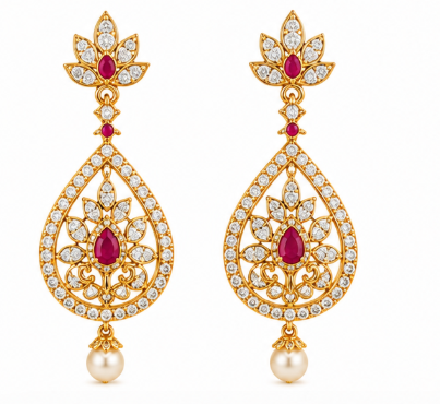 Ruby & CZ Pear Drop Earrings with Pearl