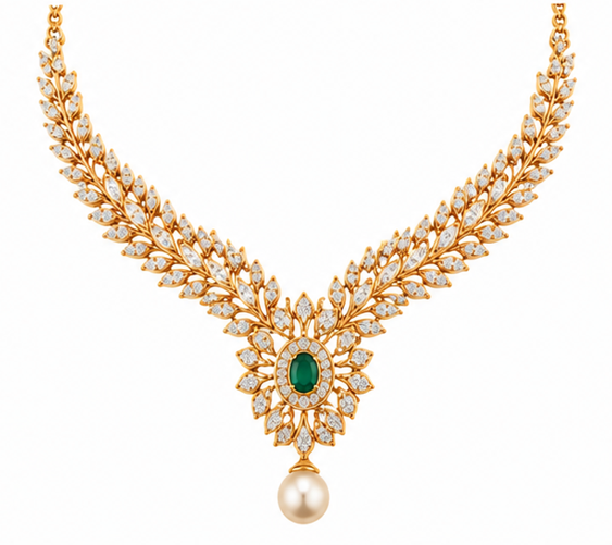 Diamond & Emerald Necklace with Pearl Drop