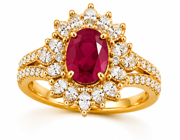 Oval Ruby Ring with Diamond Halo