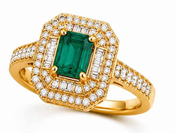 Emerald-Cut Emerald Ring with Double Diamond Halo