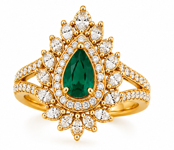 Pear Emerald Ring with Diamond Halo