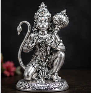 Silver Lord Hanuman Idol with Gada